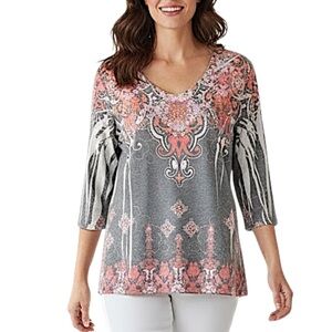 4/$20 Westbound Embellished Medallion Print 3/4 Sleeve Soft Knit Top